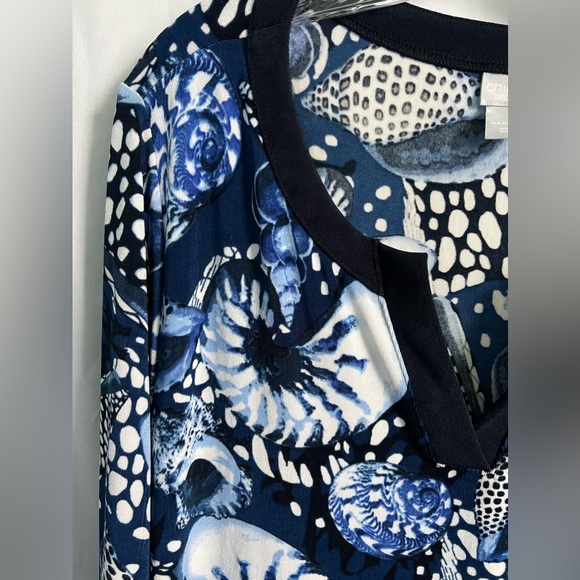 Chicos Travelers SZ 3 Or LG Stretch 3/4 Sleeve Top Blouse Shells Blue White EUC - Picture 5 of 9